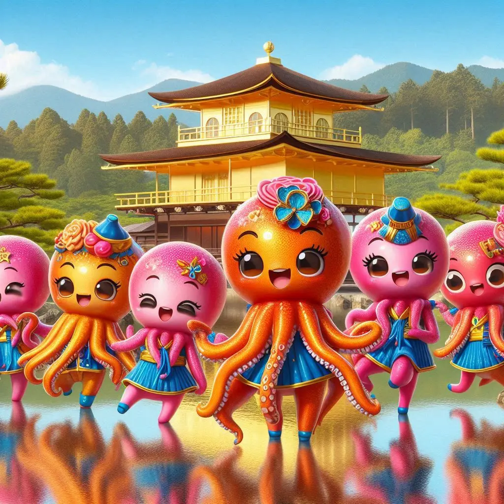 Bing Image Creatorで生成した「金閣寺の前で踊るタコたちのアイドルグループ」