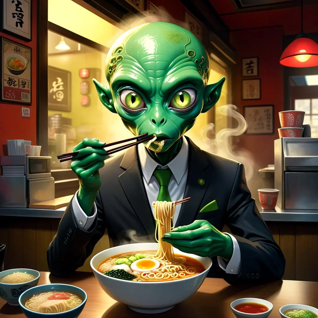 DropAIで生成したDropAIで生成した「宇宙人がスーツでラーメン」（モデルのテイスト：イラスト_CHEYENNE_）