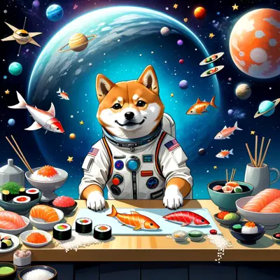 DropAIで生成した「宇宙で寿司を握る柴犬」（モデルのテイスト：イラスト_CHEYENNE_
