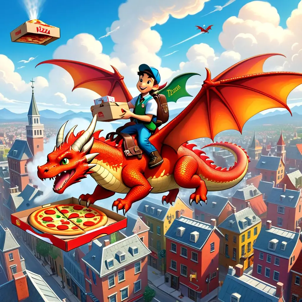 DropAIで生成したDropAIで生成した「ピザを配達するドラゴン」（モデルのテイスト：イラスト_CHEYENNE_）