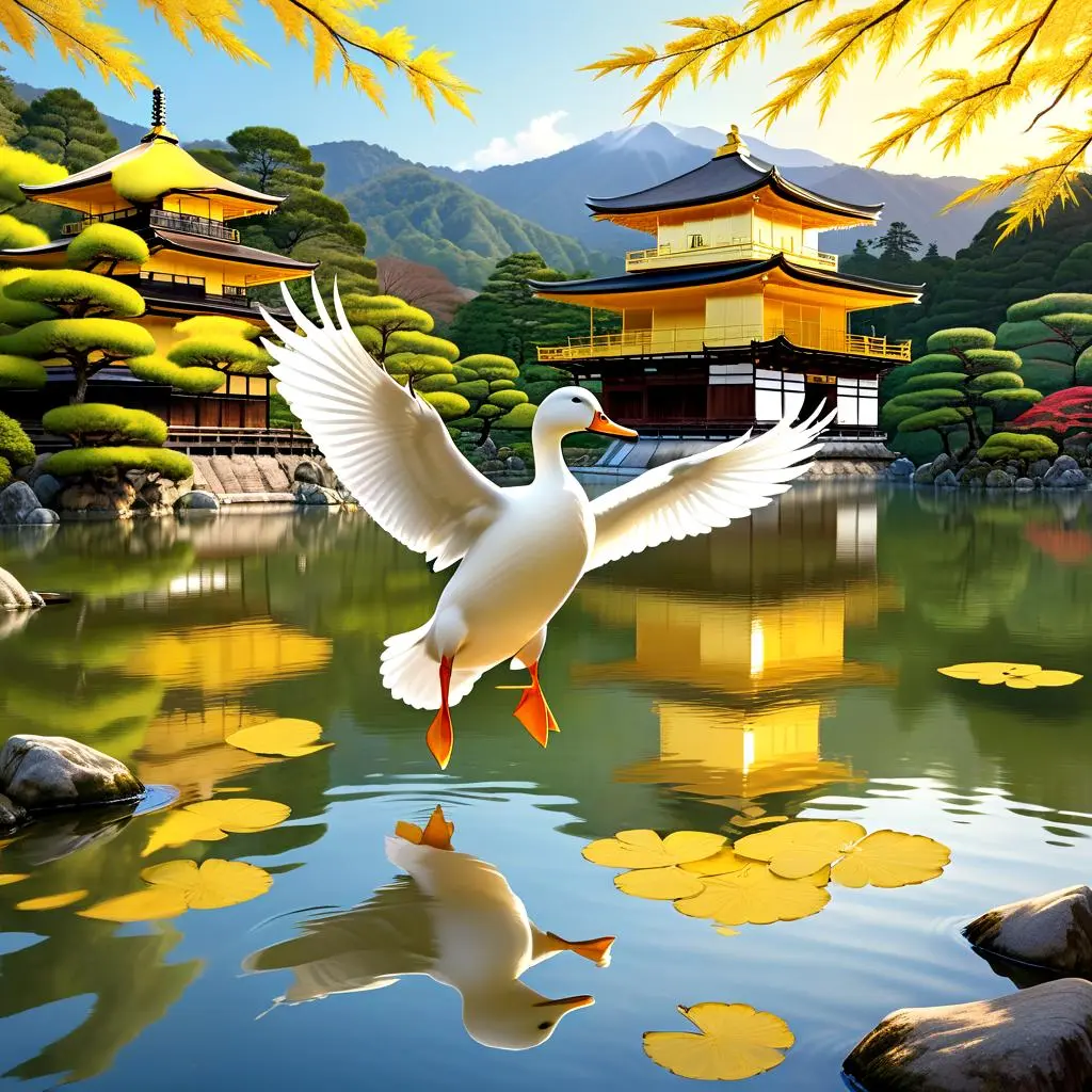 DropAIで生成したDropAIで生成した「金閣寺を背景にポーズを決めるアヒル」（モデルのテイスト：イラスト_CHEYENNE_）