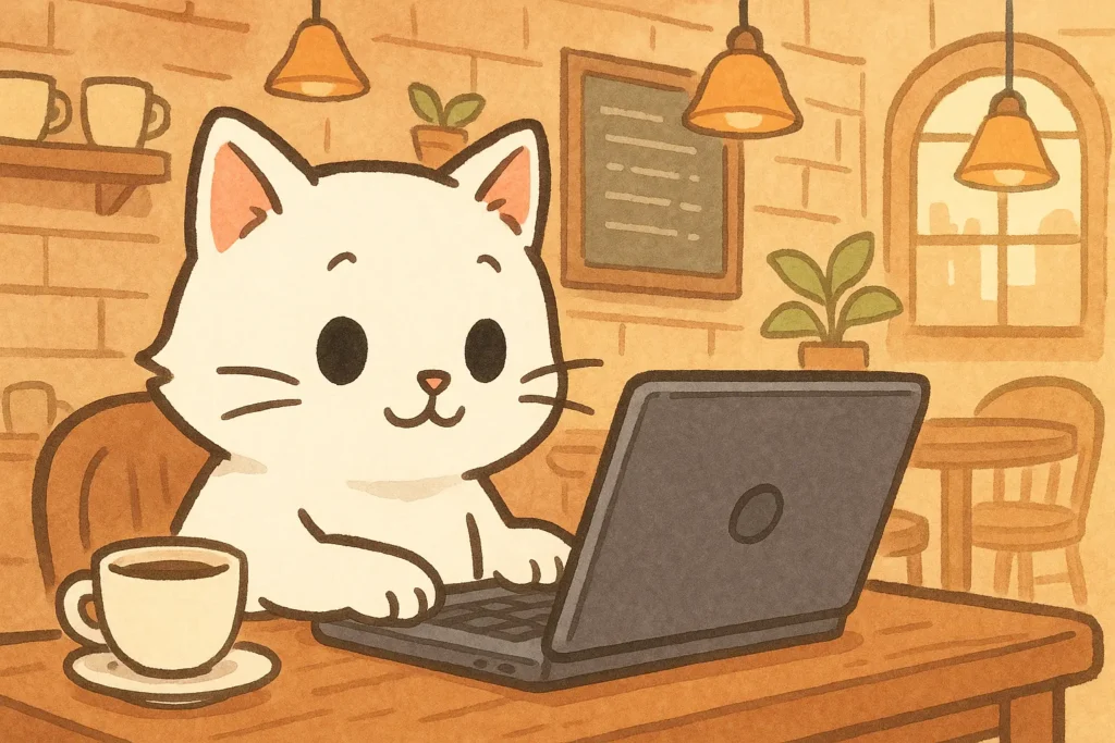 お題：「白い猫が机の上でノートパソコンを使っている様子を、イラスト風で生成」 条件：やや可愛らしいタッチ／背景はカフェ風／16:9比率