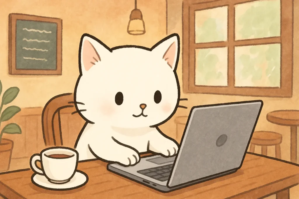 お題：「白い猫が机の上でノートパソコンを使っている様子を、イラスト風で生成」 条件：やや可愛らしいタッチ／背景はカフェ風／16:9比率