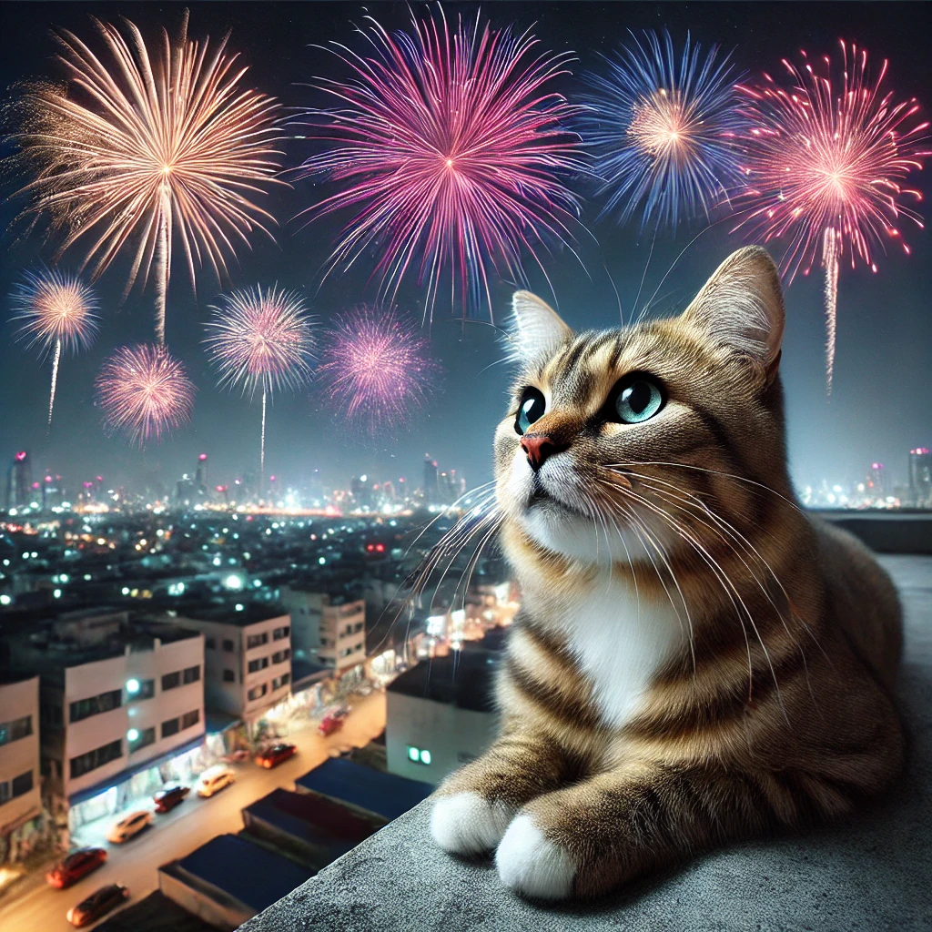 プロンプトは「花火大会を楽しむ猫の写真を生成してください」by DALL-E