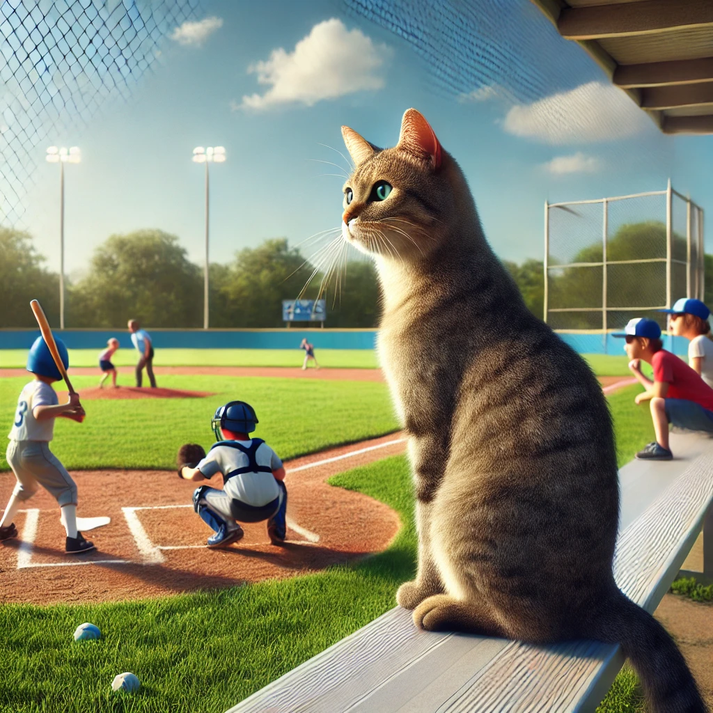 プロンプトは「野球をする子供達を応援する猫の写真を生成してください」by DALL-E