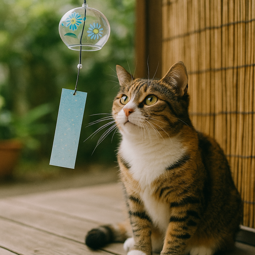 プロンプトは「風鈴の下で涼む猫の写真を生成してください」by ChatGPT