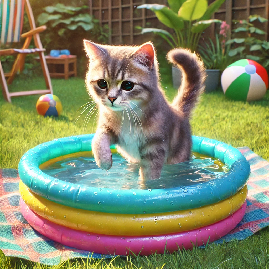 プロンプトは「庭のビニールプールで水遊びをする猫の写真を生成してください」by DALL-E
