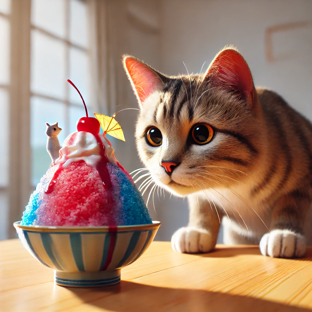 プロンプトは「かき氷を珍しそうに見つめる猫の写真を生成してください」by DALL-E