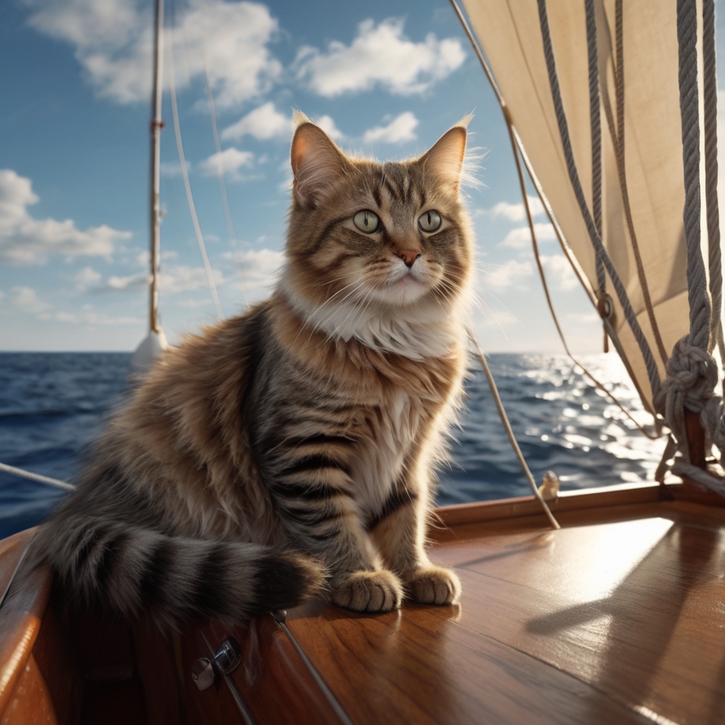 プロンプトは「ヨットに乗る猫の写真を生成してください」by LeonardoAI