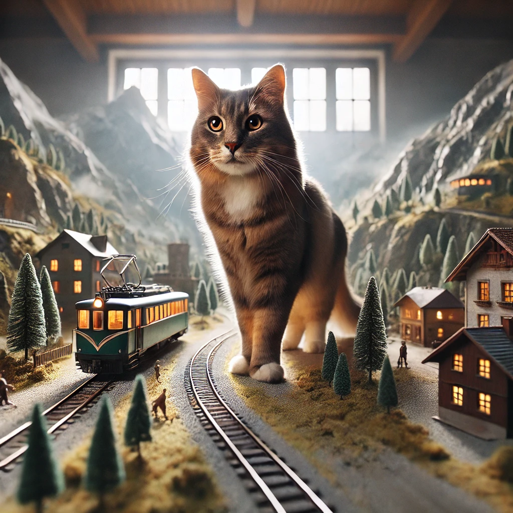 プロンプトは「山間を走るジオラマにたたずむ猫の写真を生成してください」by DALL-E