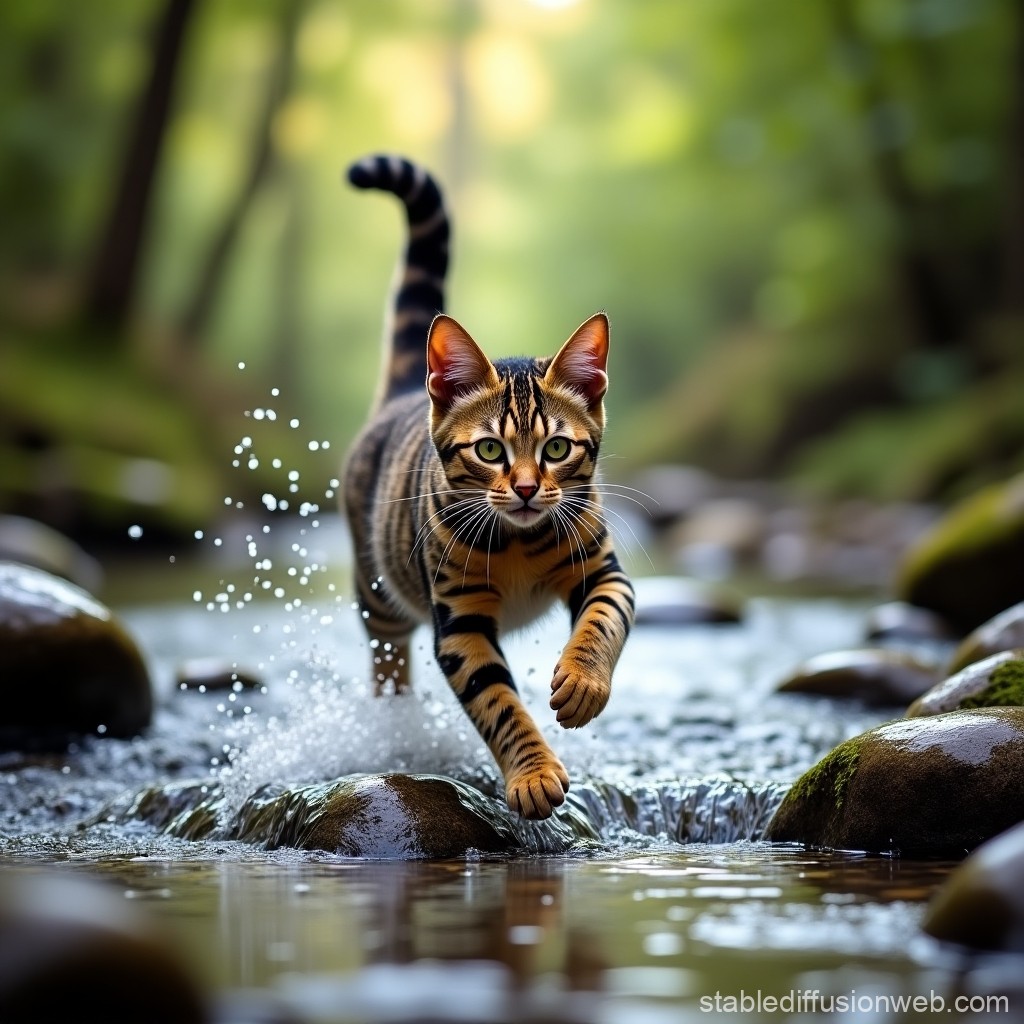 プロンプトは「浅い小川の中を走る猫の写真を生成してください」by StableDiffusion