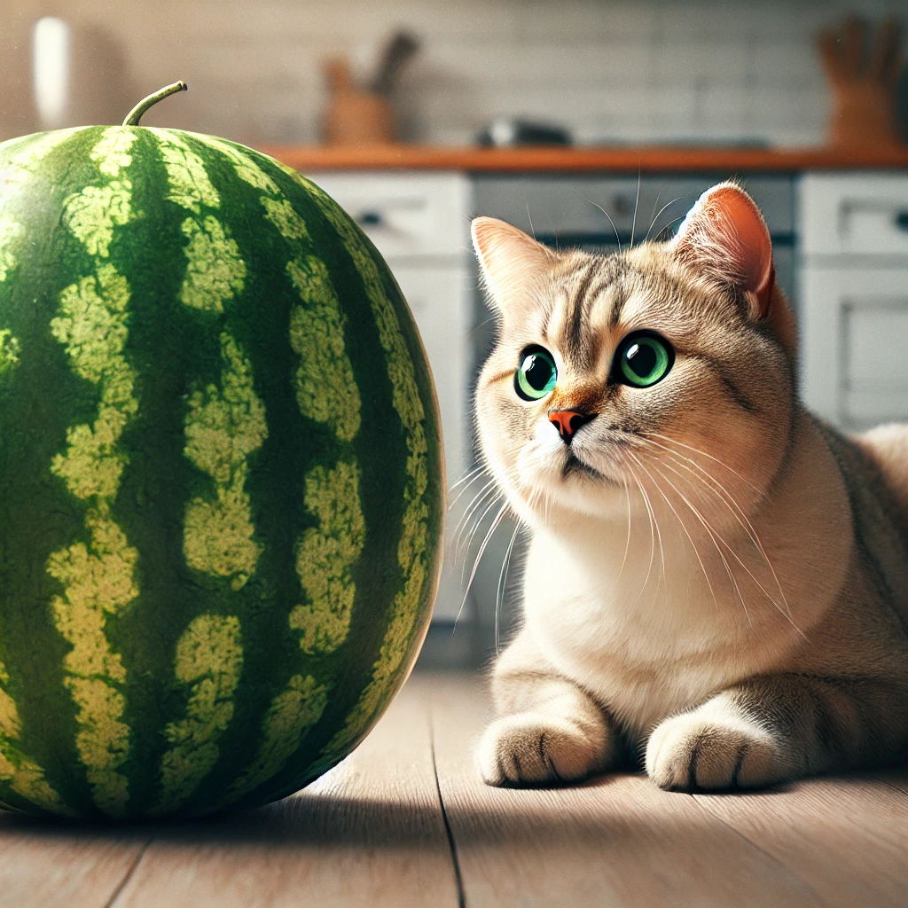 プロンプトは「スイカを不思議そうに見つめる猫の写真を生成してください」by DALL-E