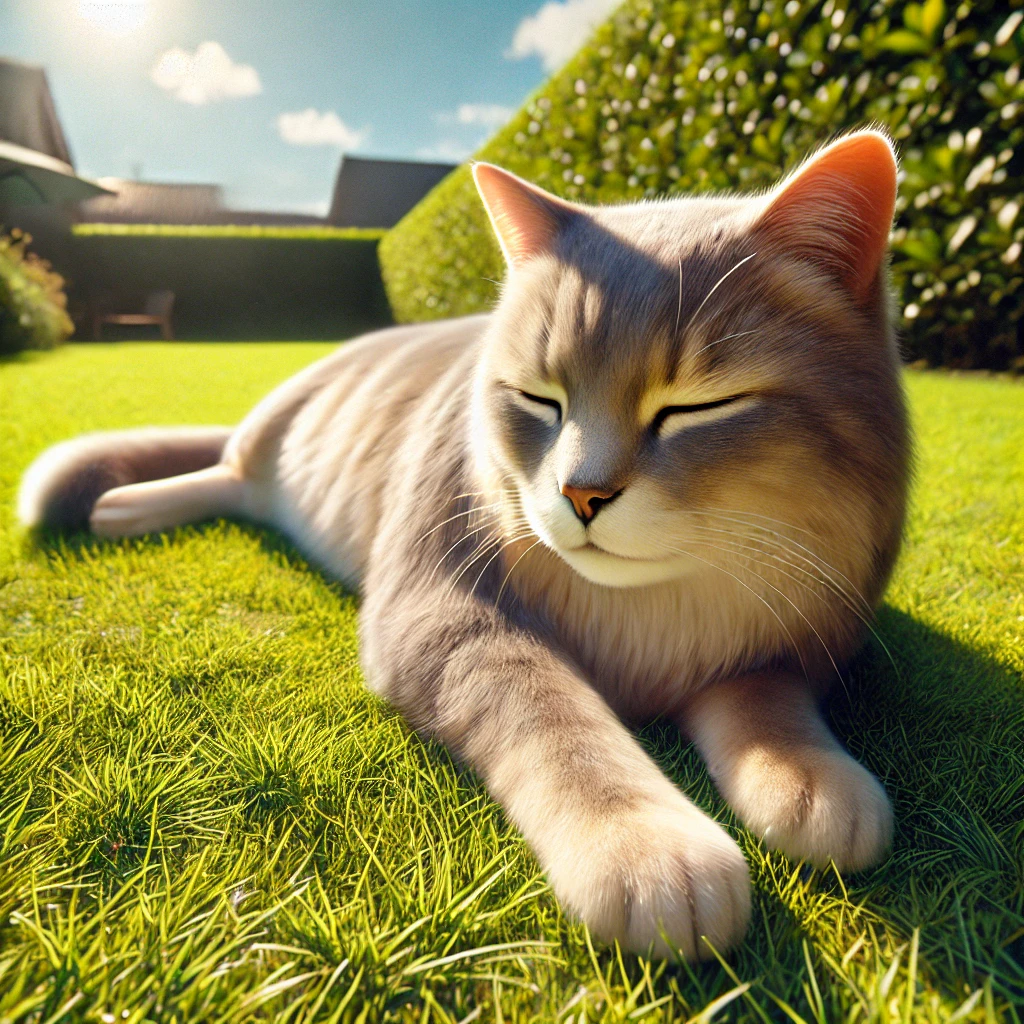 プロンプトは「芝生の上で日向ぼっこをする猫の写真を生成してください」by DALL-E