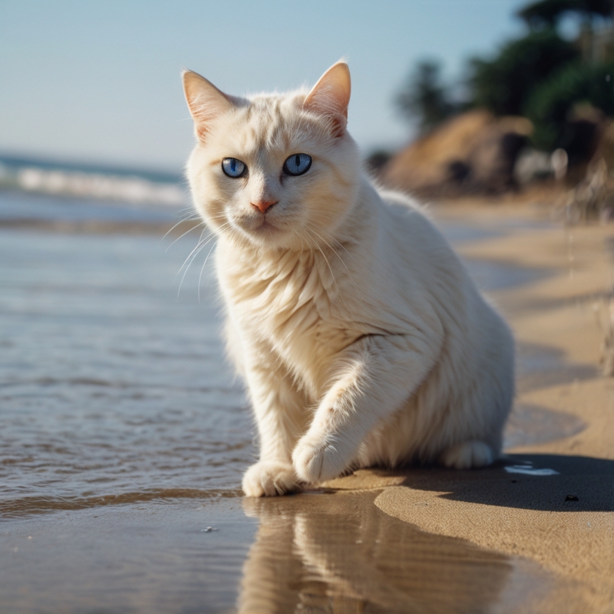 プロンプトは「海辺で遊ぶ猫の写真を生成してください」by LeonardoAI
