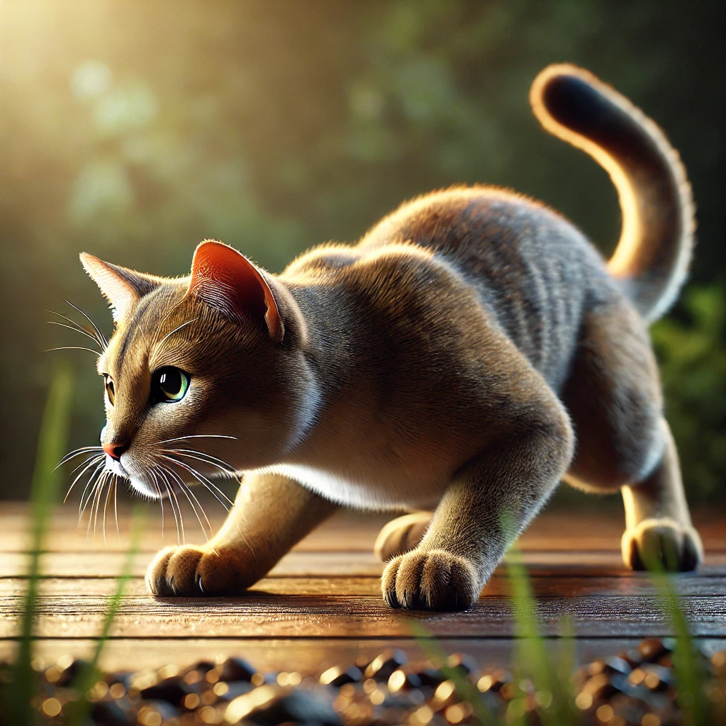 プロンプトは「低い姿勢で獲物を狙う猫の写真を生成してください」by DALL-E