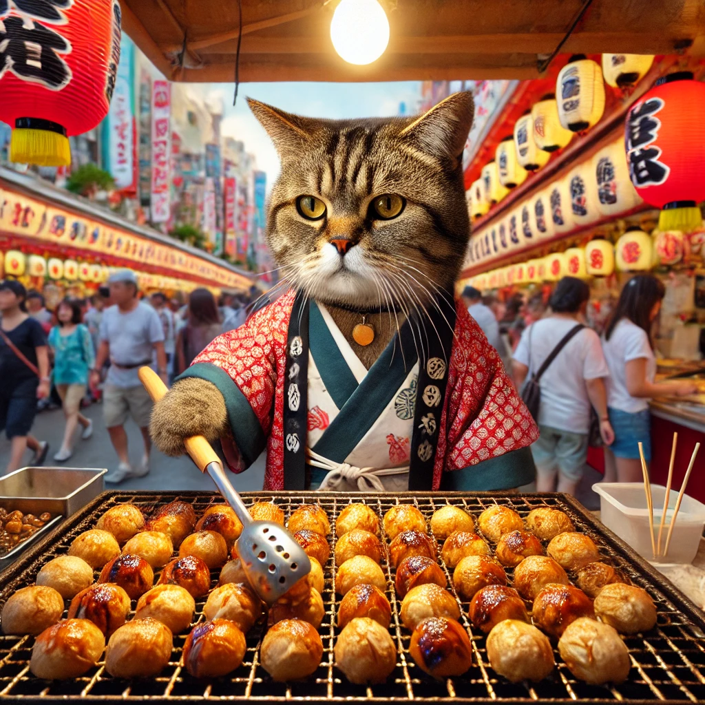 プロンプトは「お祭りでたこ焼きを焼く猫の写真を生成してください」by DALL-E