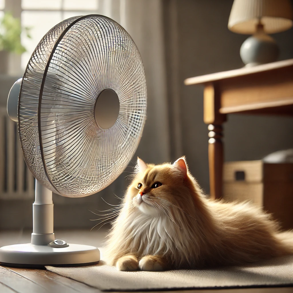 プロンプトは「扇風機で涼む猫の写真を生成してください」by DALL-E