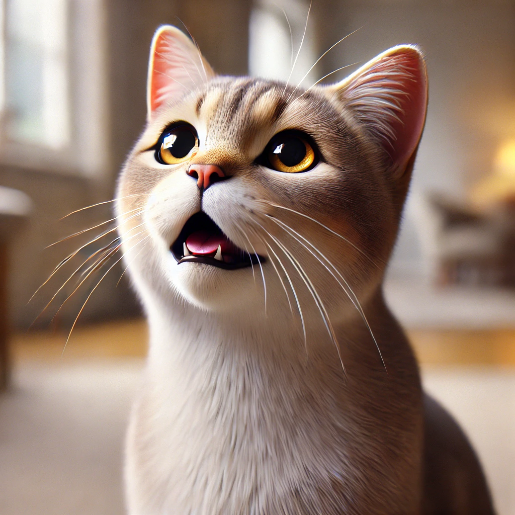 プロンプトは「こちらを見上げて、にゃーと鳴く猫の写真を生成してください」by DALL-E