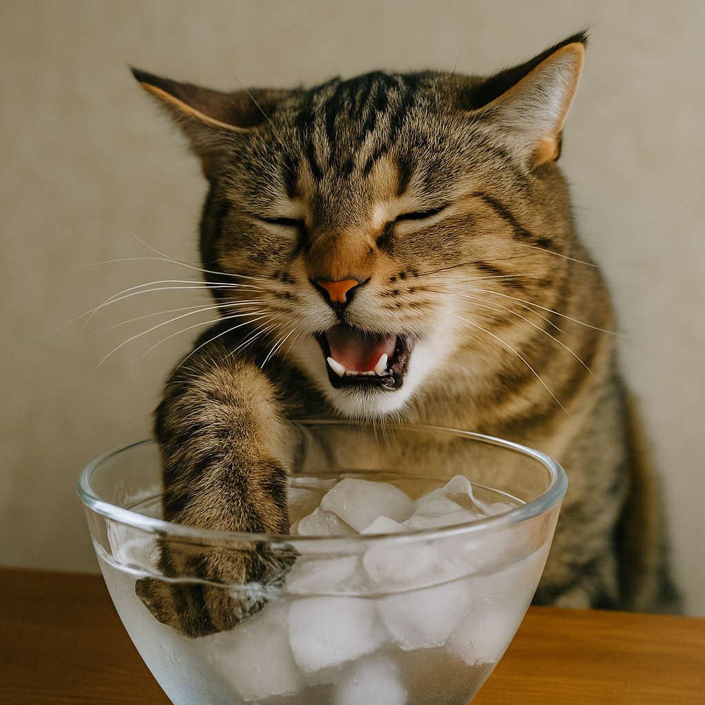 プロンプトは「氷の入った冷水に手を入れて、冷たい！という表情をする猫の写真を生成してください」by ChatGPT