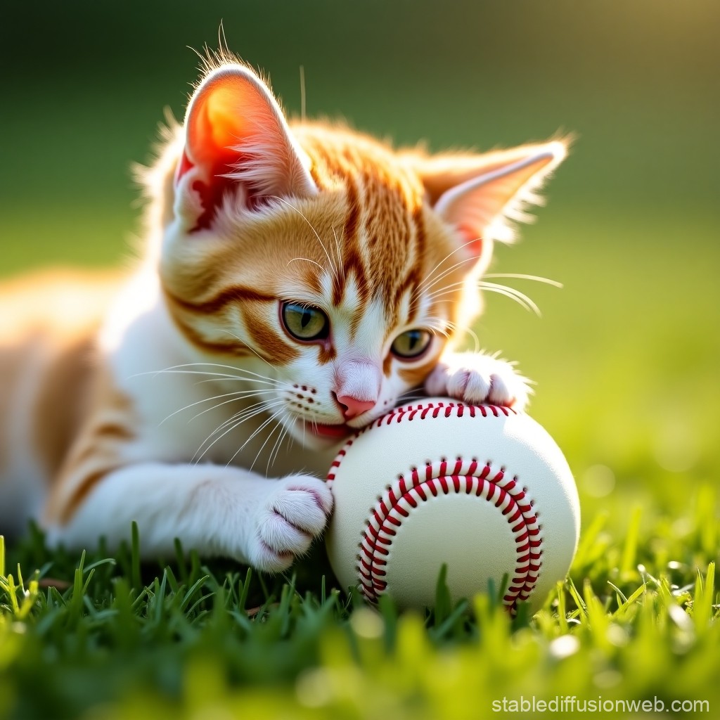 プロンプトは「野球ボールで遊ぶ猫の写真を生成してください」by Stable Diffusion