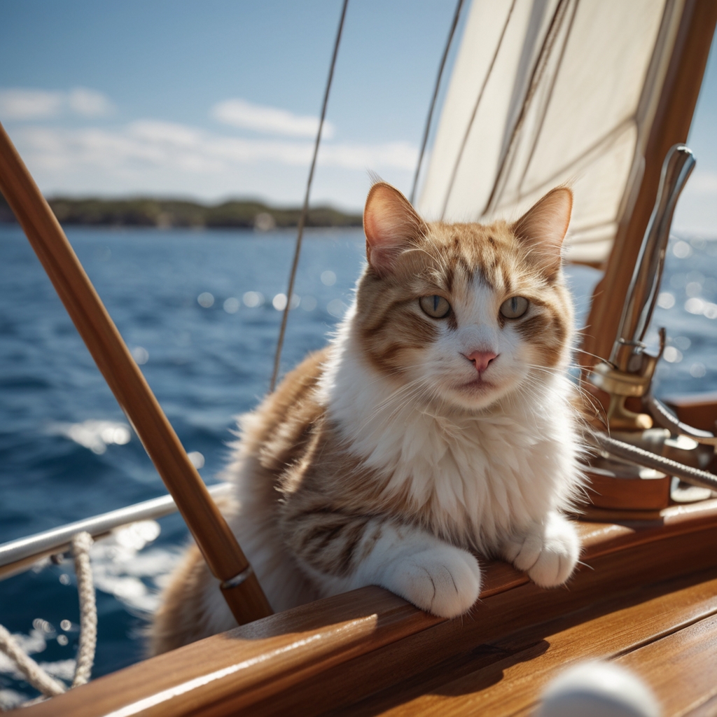 プロンプトは「ヨットの上でくつろぐ猫の写真を生成してください」by Leonardo AI