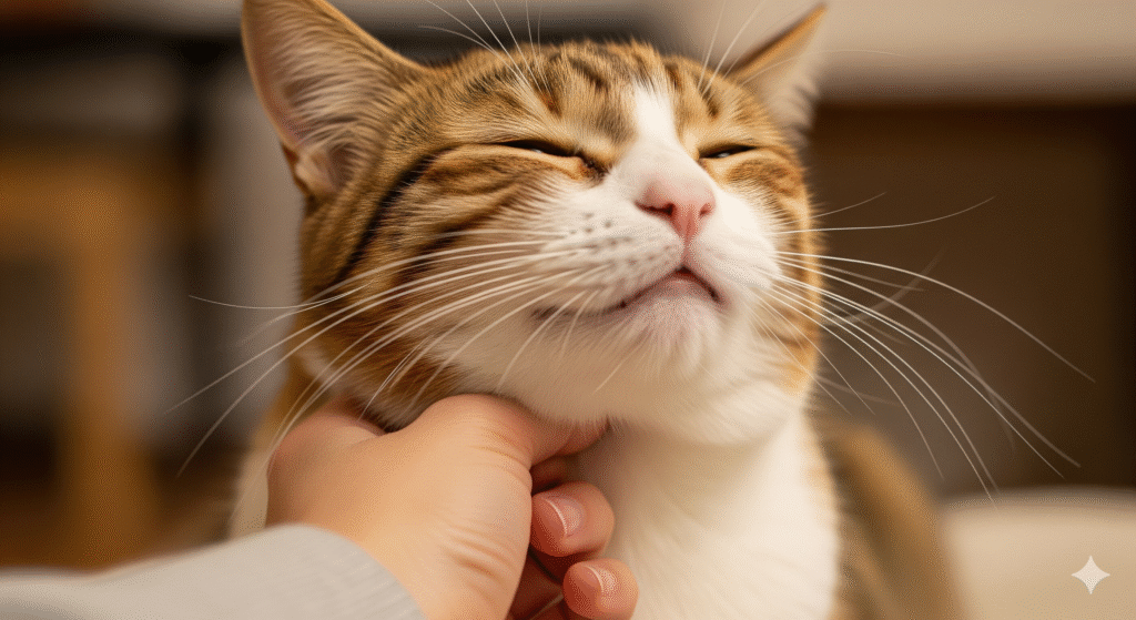 プロンプトは「飼い主に喉を撫でられて気持ちよさそうな猫の写真を生成してください」by Gemini