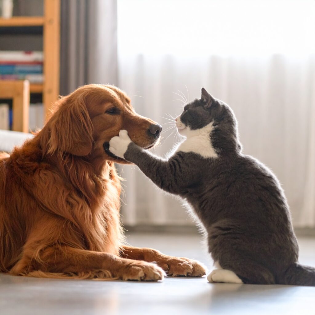 プロンプトは「犬と戯れる猫の写真を生成してください」by Firefly