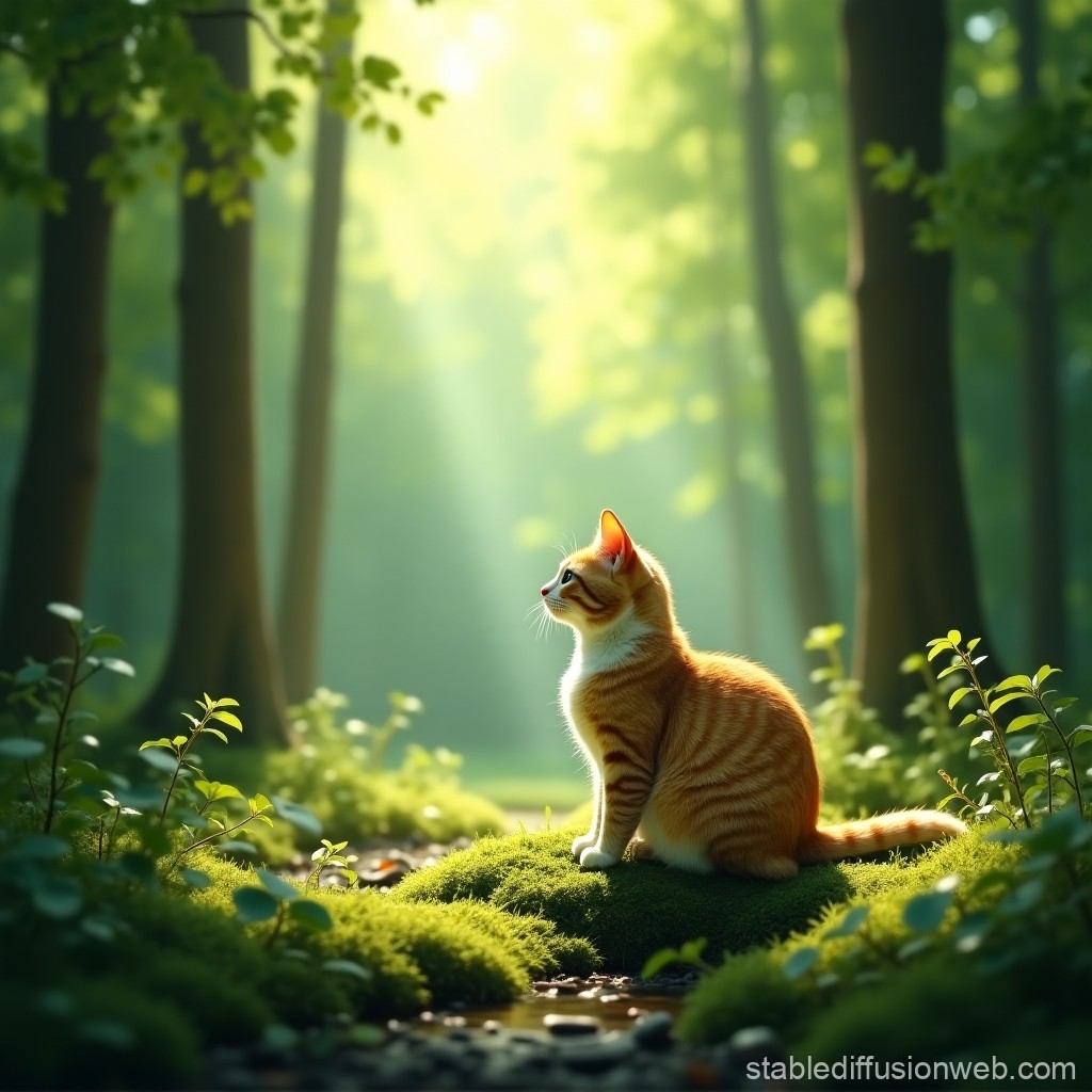 プロンプトは「森林浴を楽しむ猫の写真を生成してください」by Stable Diffusion