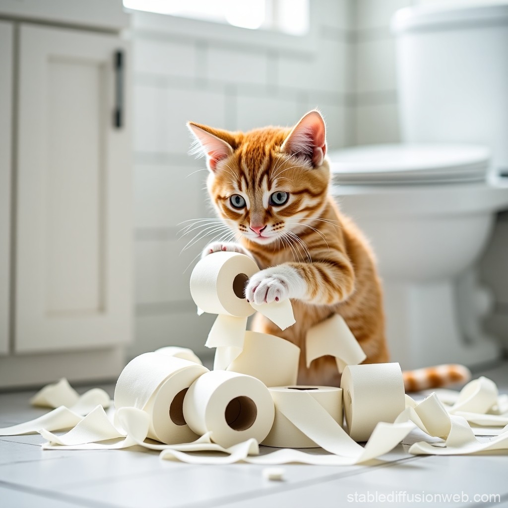 プロンプトは「トイレットペーパーを散らかして遊ぶ猫の写真を生成してください」by Stalbe Diffusion