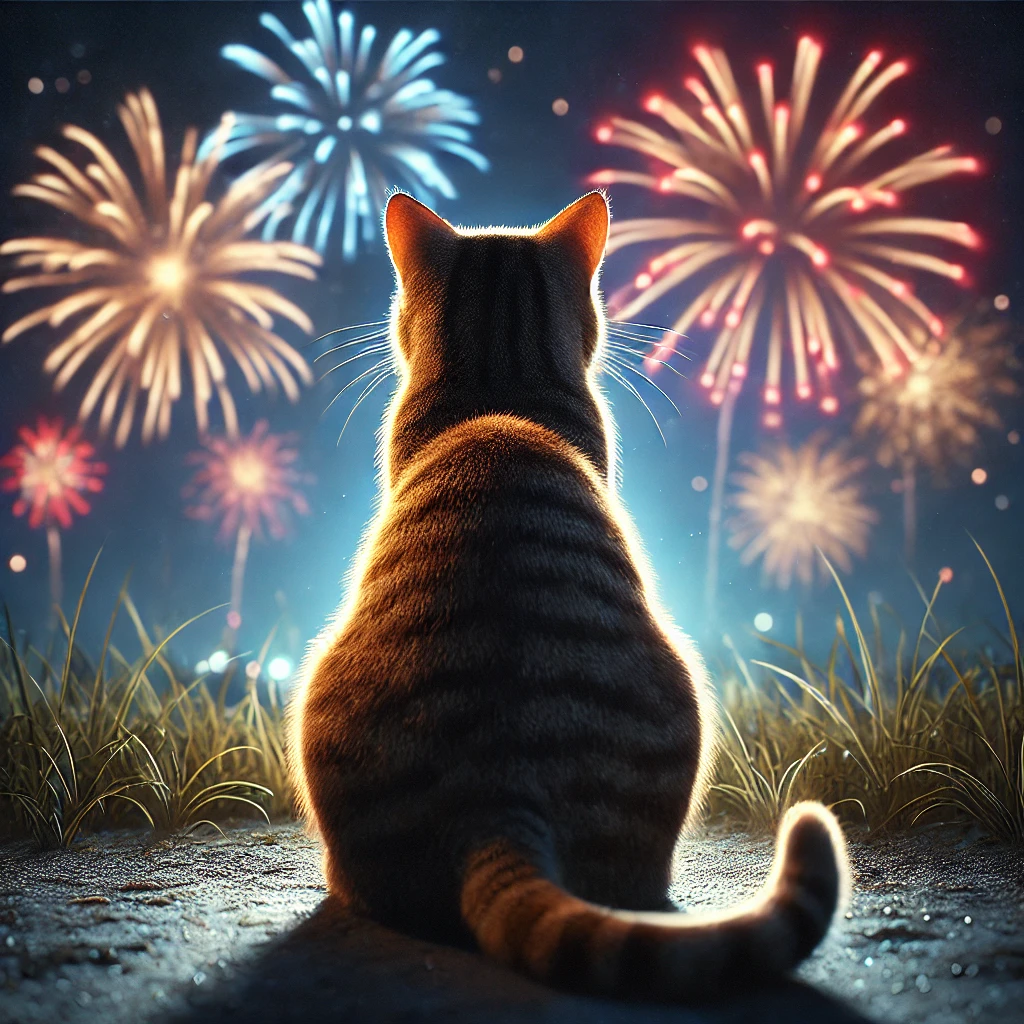 プロンプトは「花火を楽しむ猫の写真（後ろ姿）を生成してください」by DALL-E