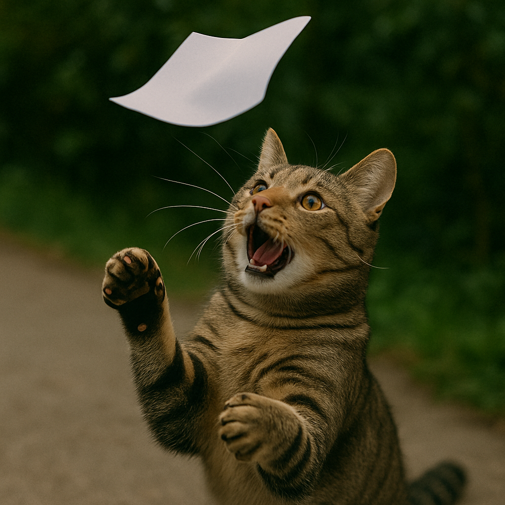 プロンプトは「風でひらひらした紙を空中でキャッチしようとする猫の写真を生成してください」by ChatGPT