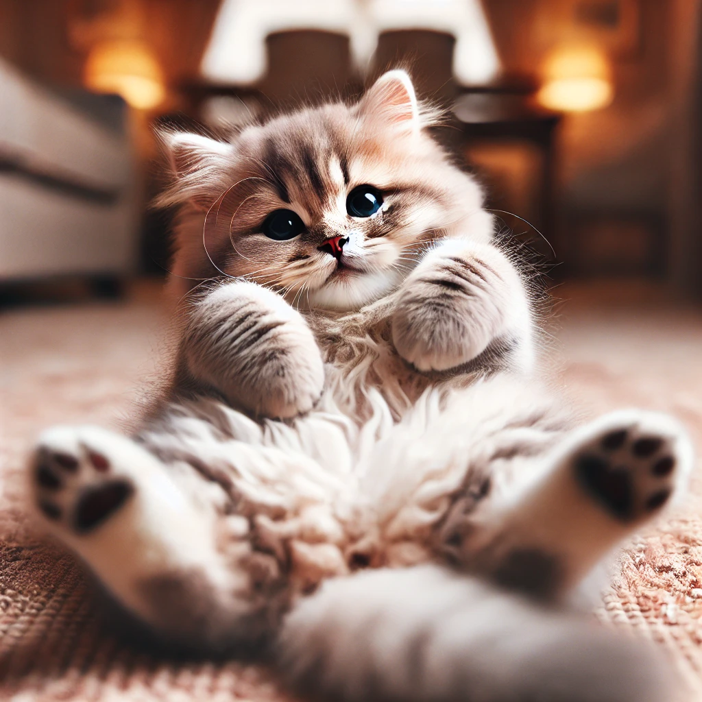 プロンプトは「ひっくり返ってお腹を見せる猫の写真を生成してください」by DALL-E