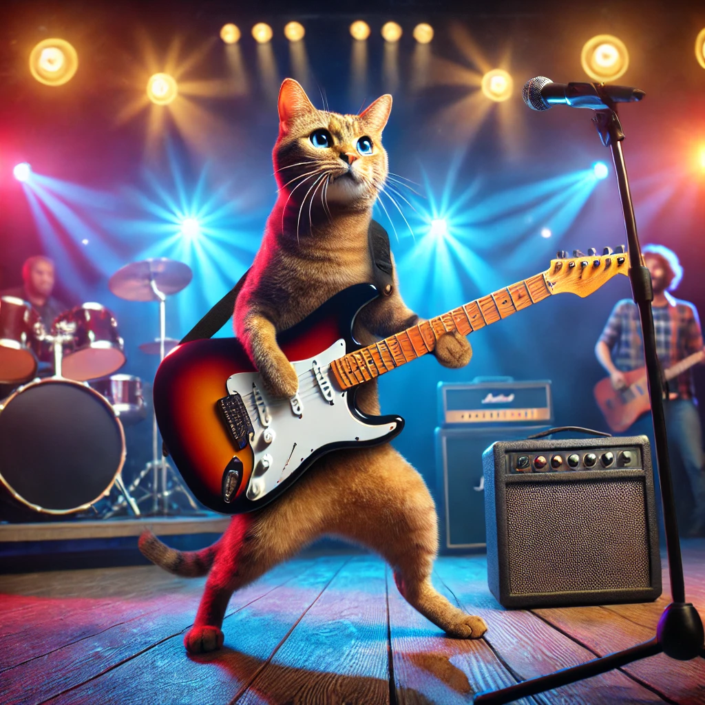 プロンプトは「ロックバンドで演奏する猫の写真を生成してください」by DALL-E