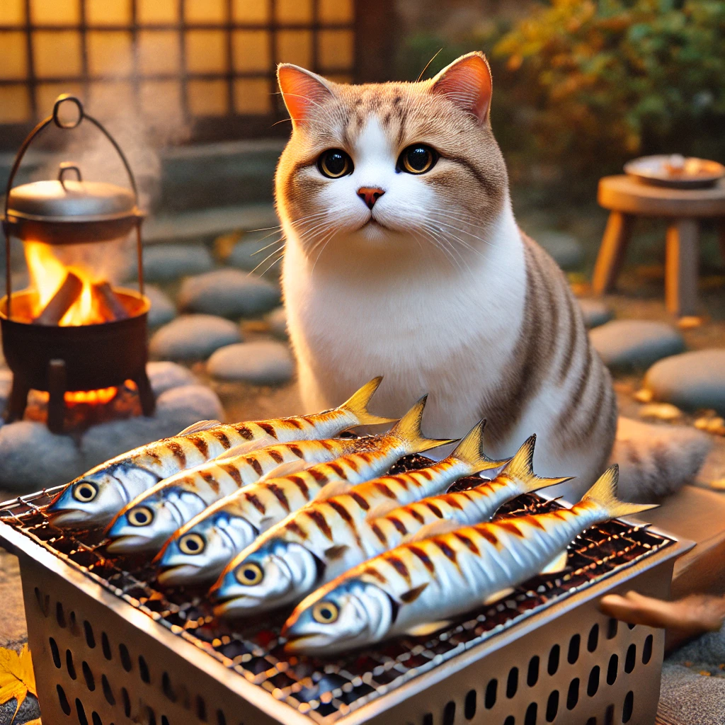 プロンプトは「秋刀魚焼きを見つめる猫の写真を生成してください」by DALL-E