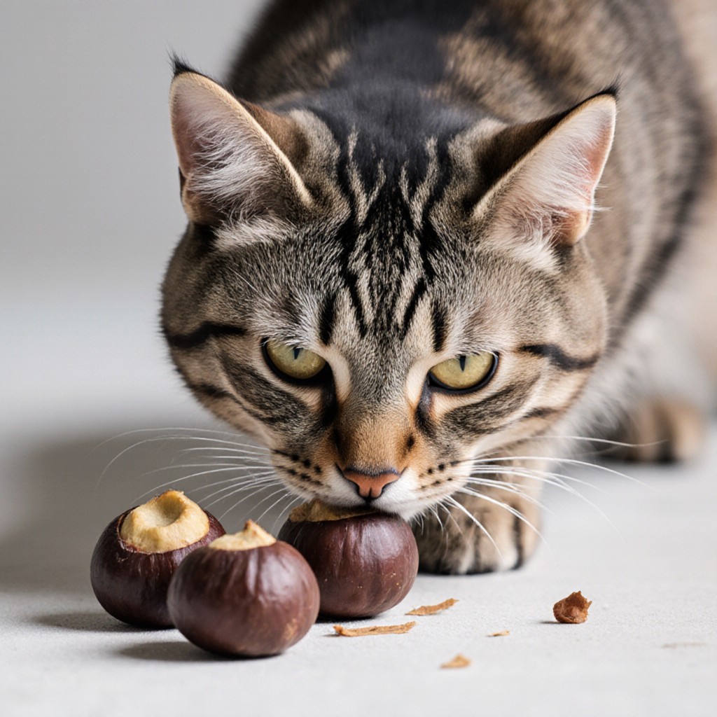 プロンプトは「栗を食べようとする猫の写真を生成してください」by Stable Diffusion