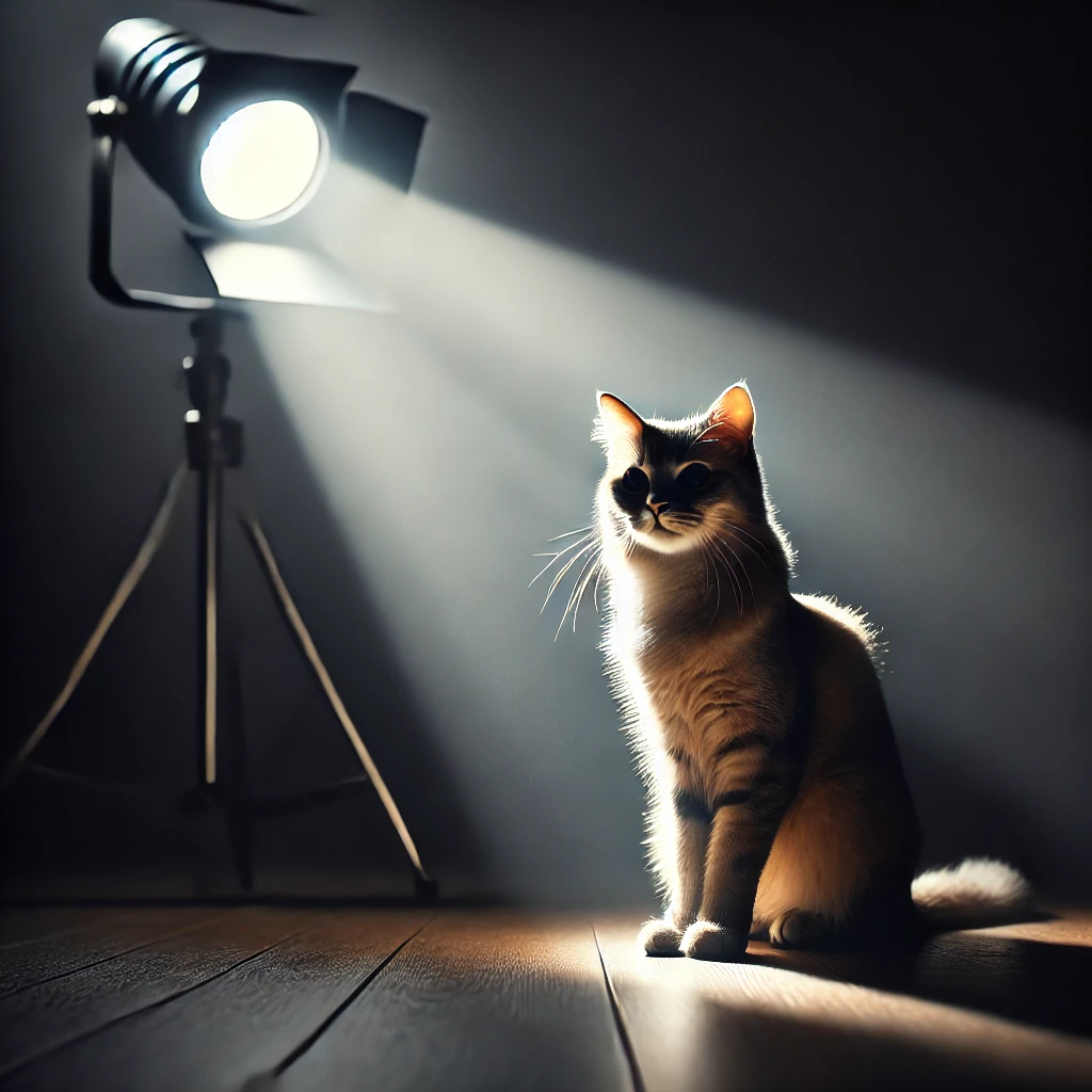 プロンプトは「スポットライトを浴びる猫の写真を生成してください」by DALL-E
