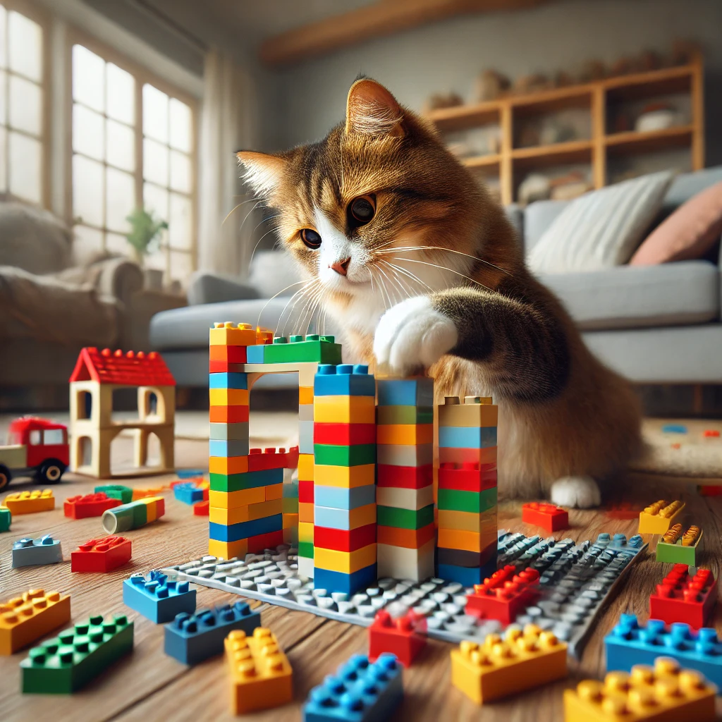 プロンプトは「レゴで遊ぶ猫の写真を生成してください」by DALL-E