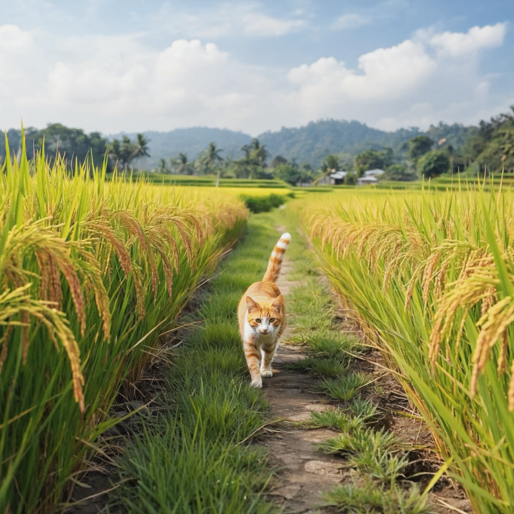 プロンプトは「田んぼのあせ道を歩く猫の写真を生成してください」by Firefly