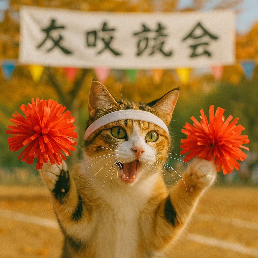 プロンプトは「運動会で応援をする猫の写真を生成してください」by ChatGPT