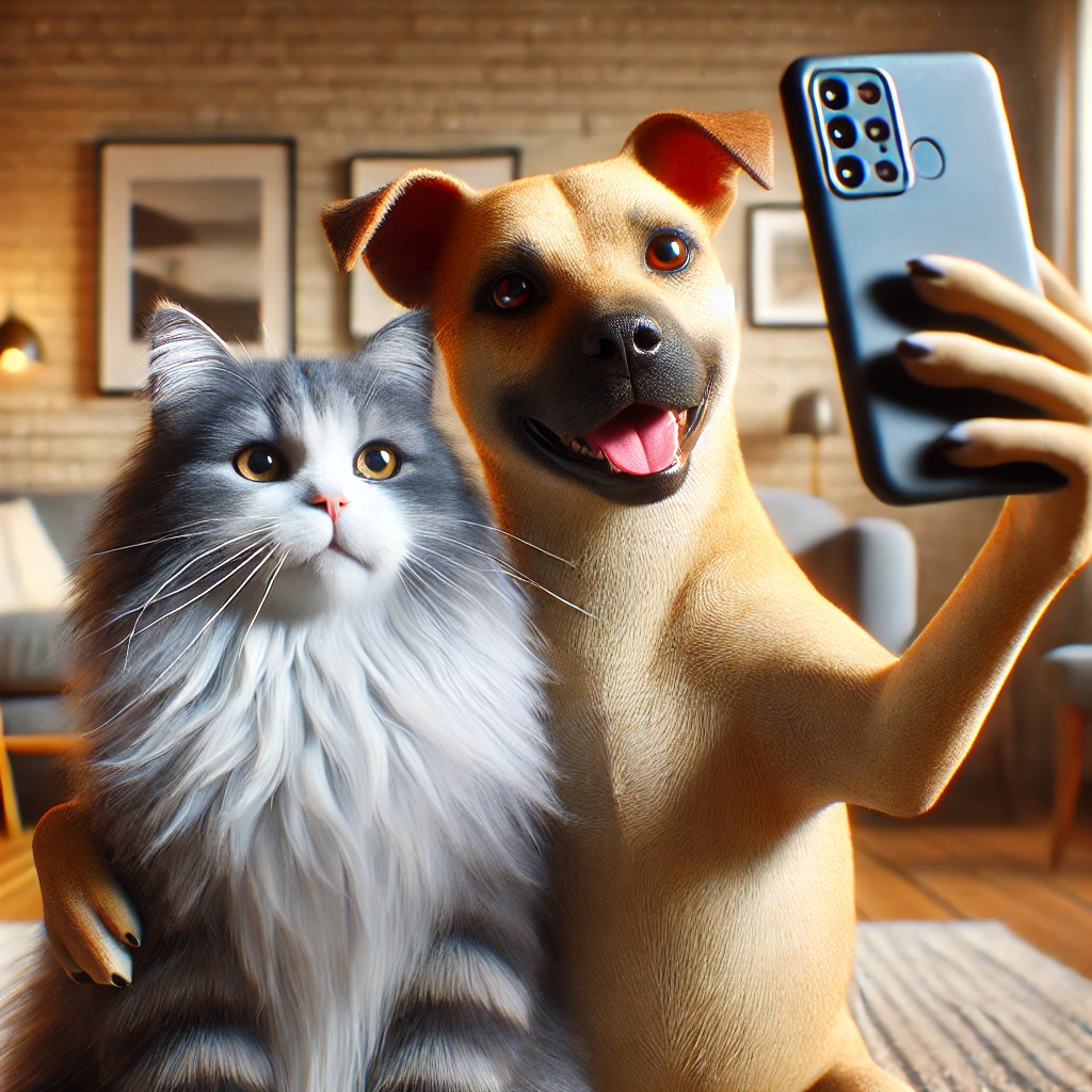 プロンプトは「犬と仲良く自撮りする猫の写真を生成してください」by DALL-E