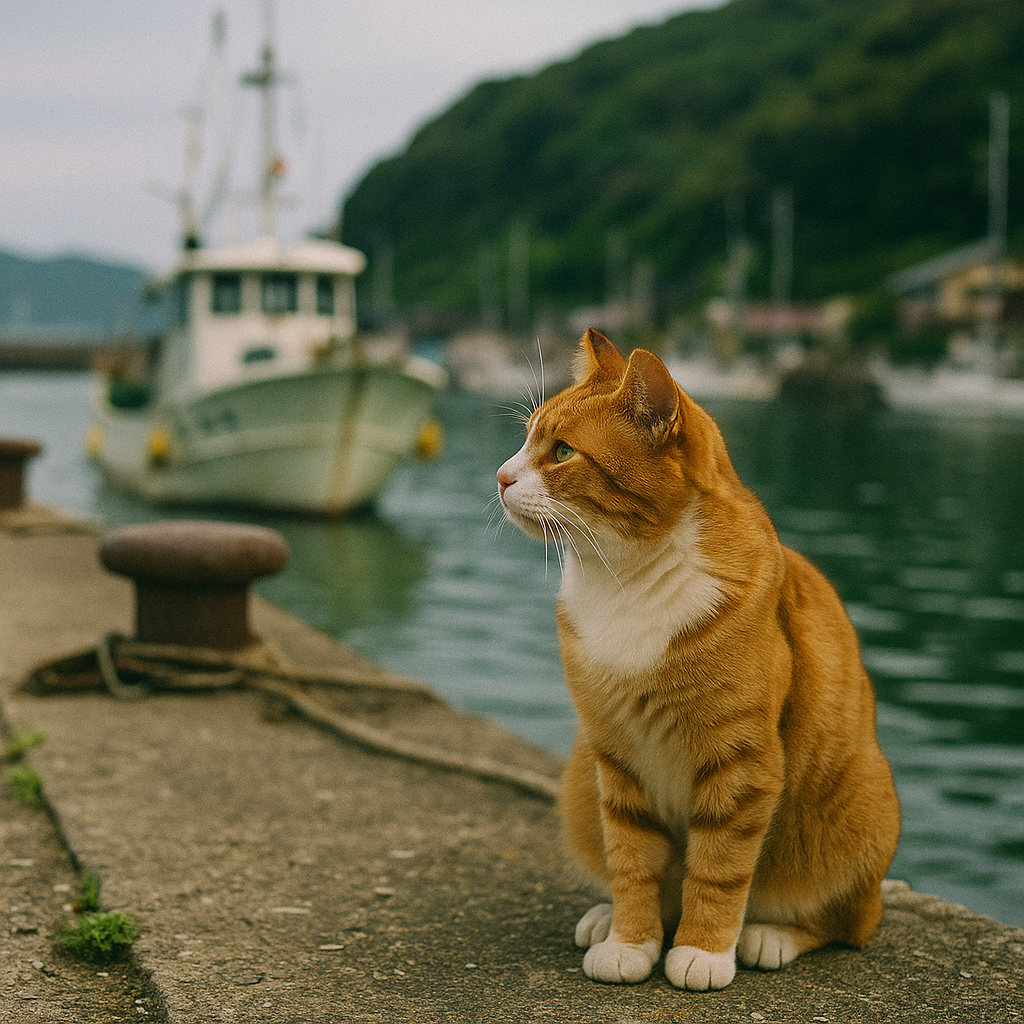 プロンプトは「漁港で船の帰りを待つ猫の写真を生成してください」by ChatGPT