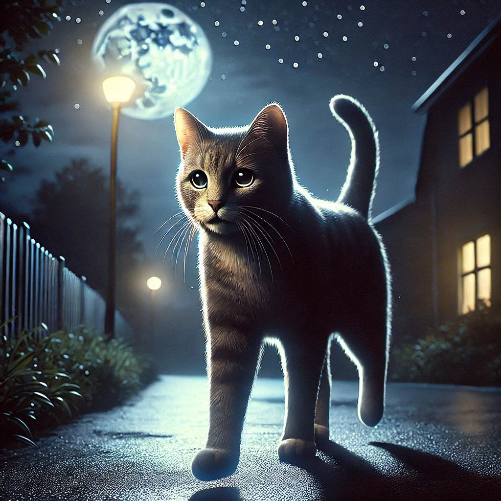 プロンプトは「夜の街を歩く猫の写真を生成してください」by DALL-E