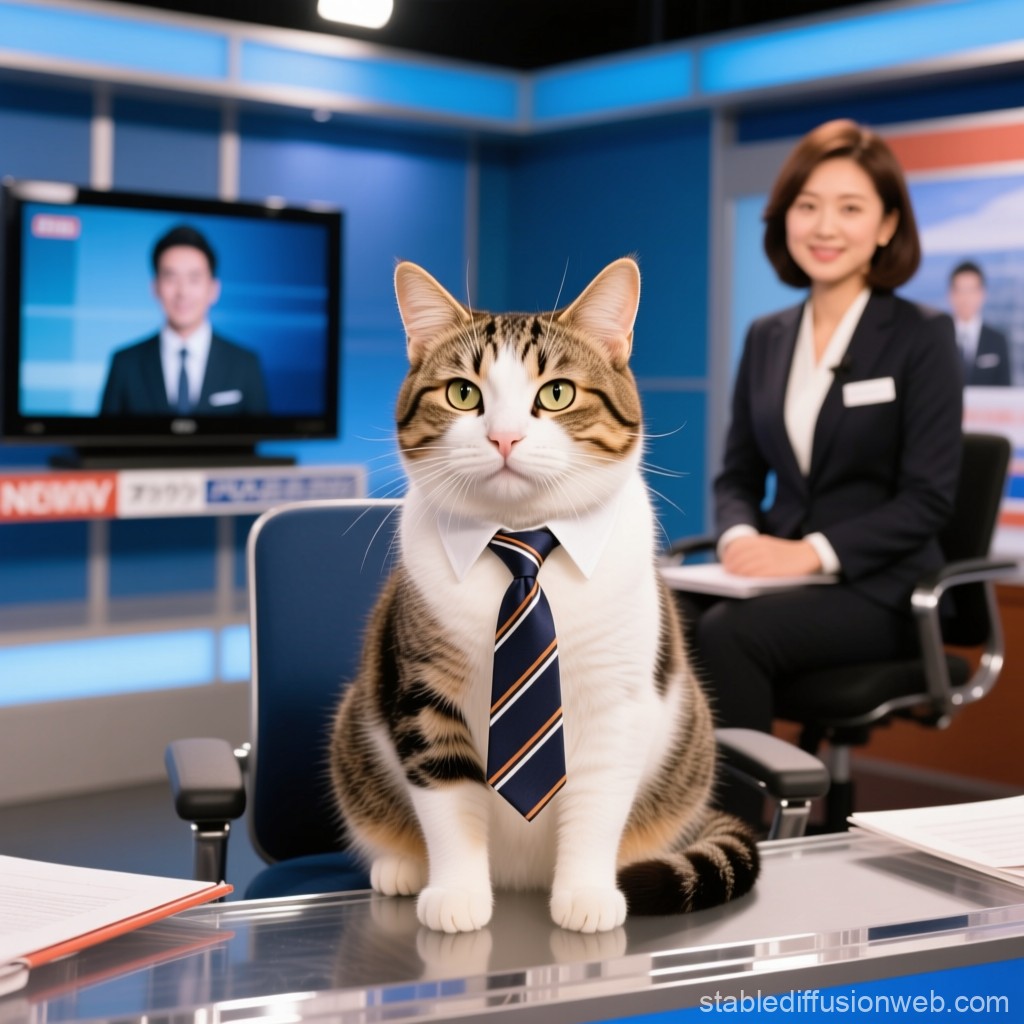 プロンプトは「テレビのニュース番組でキャスター席に座っている猫(ネクタイ付き)の写真を生成してください」by StableDiffusion