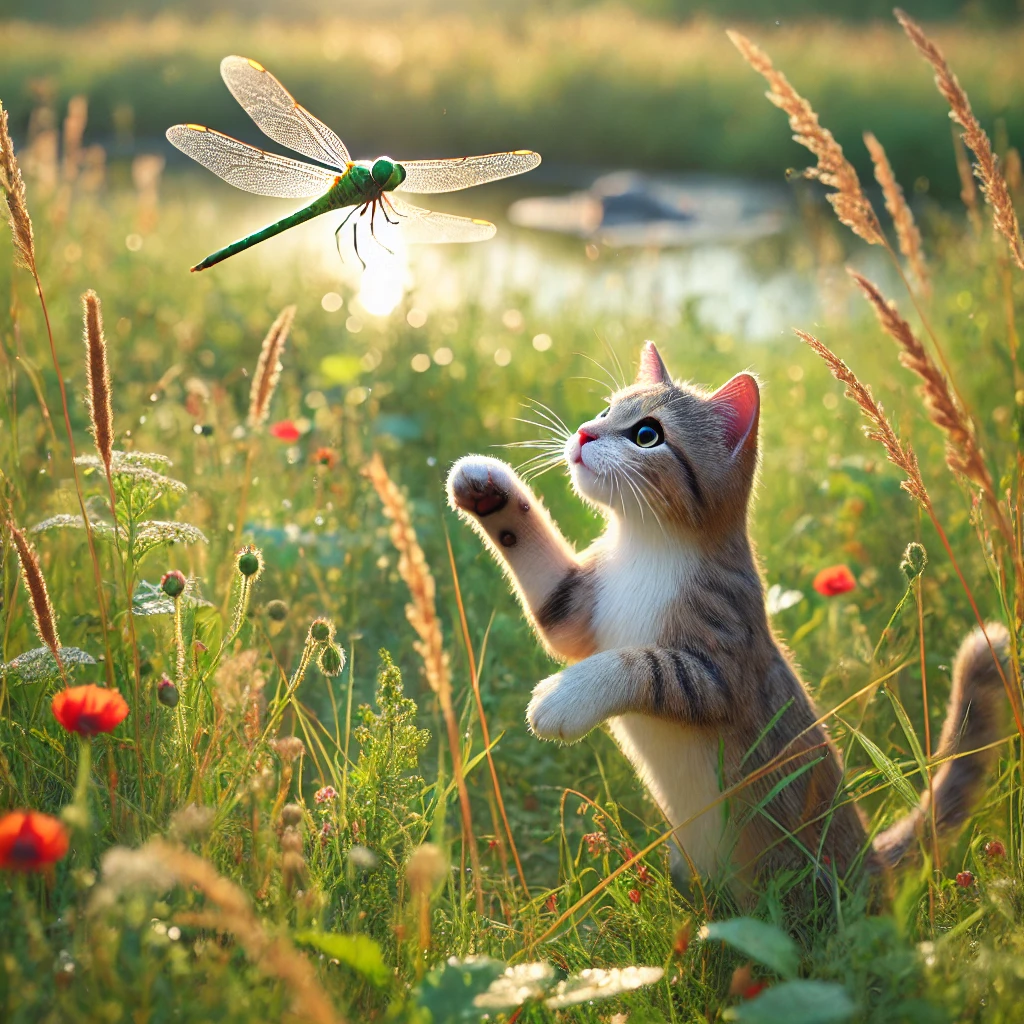 プロンプトは「トンボを追いかける猫の写真を生成してください」by DALL-E