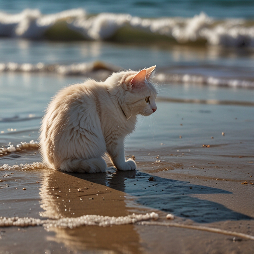 プロンプトは「海辺で遊ぶ猫の写真を生成してください」by Leonardo AI