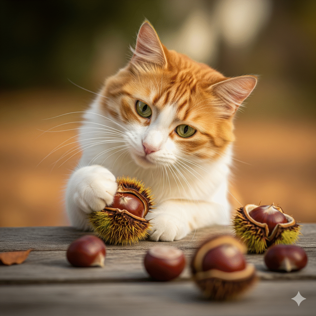 プロンプトは「栗の皮をむこうと頑張る猫の写真を生成してください」by Gemini