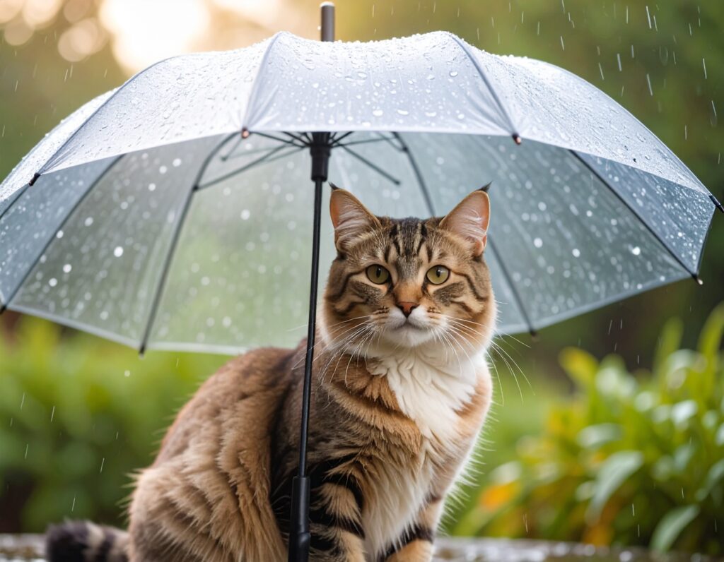 プロンプトは「傘の下で雨宿りをする猫の写真を生成してください」by Firefly