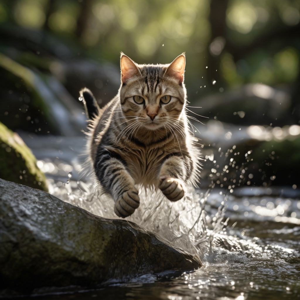 プロンプトは「川の浅瀬を水しぶきをあげて走る猫の写真を生成してください」by Leonardo AI