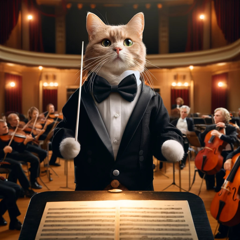 プロンプトは「オーケストラで指揮をする猫の写真を生成してください」by DALL-E