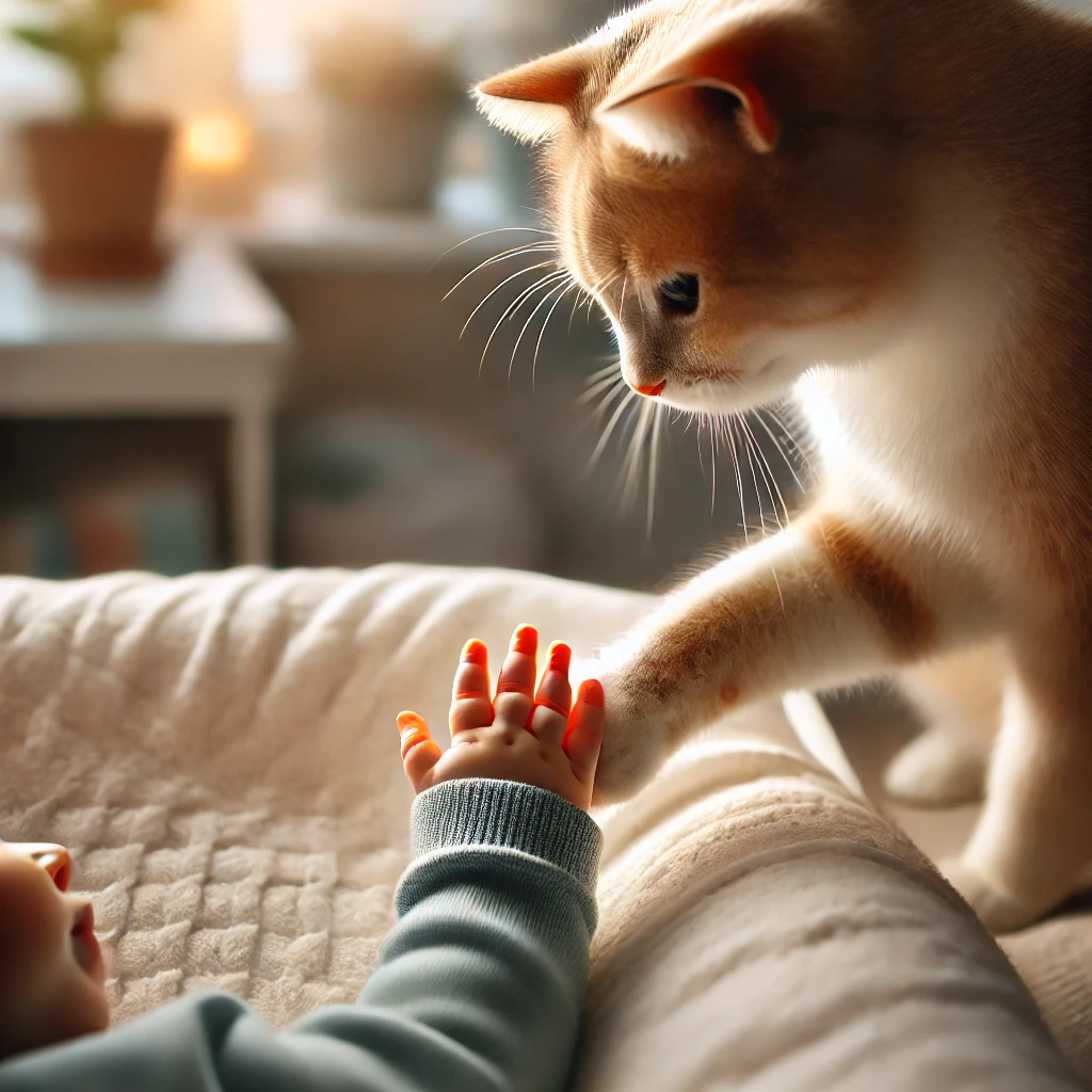 プロンプトは「人間の赤ちゃんとハイタッチする猫の写真を生成してください」by DALL-E